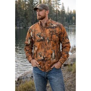 North River Mens XXL Deer Buck Hunting Print Button Front Shirt Orange Cotton